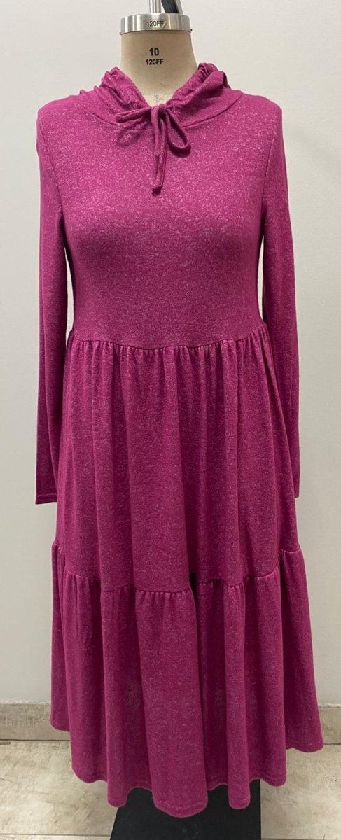 Bouchara women's long sleeve French knit tiered casual hoodie dress displayed on a hanger, showcasing the relaxed fit and soft fabric.