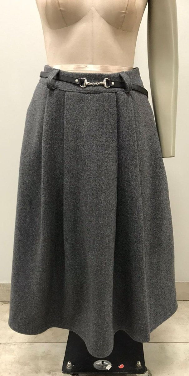 Charcoal Bouchara Melton belted skirt for women, featuring a fitted waist and stylish design, perfect for casual or office wear.