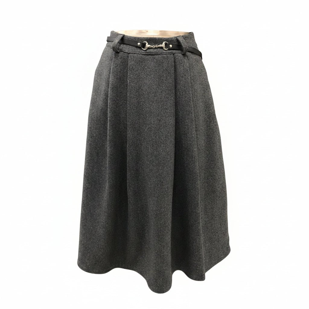 Charcoal Bouchara Melton belted skirt for women, featuring a stylish design and classic fit.