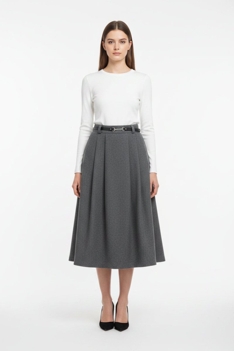 Charcoal Bouchara Melton belted skirt for women, stylish and tailored with a waistband and modern design.