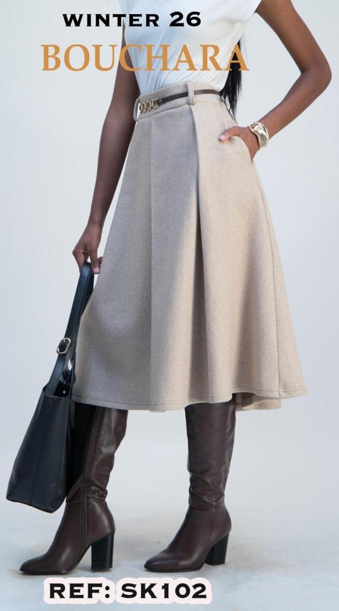Bouchara women's Melton belted skirt in oatmeal, featuring a classic design with a waist belt and tailored fit.