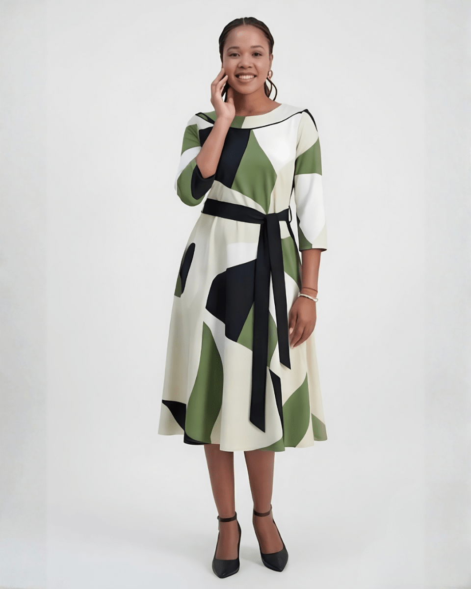 Bouchara women's printed scuba crepe skater dress in fatigue color, with a fitted bodice and flared skirt.