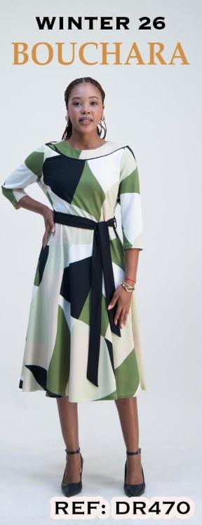 Bouchara women's printed scuba crepe skater dress in fatigue color, featuring a fitted bodice and flared skirt.