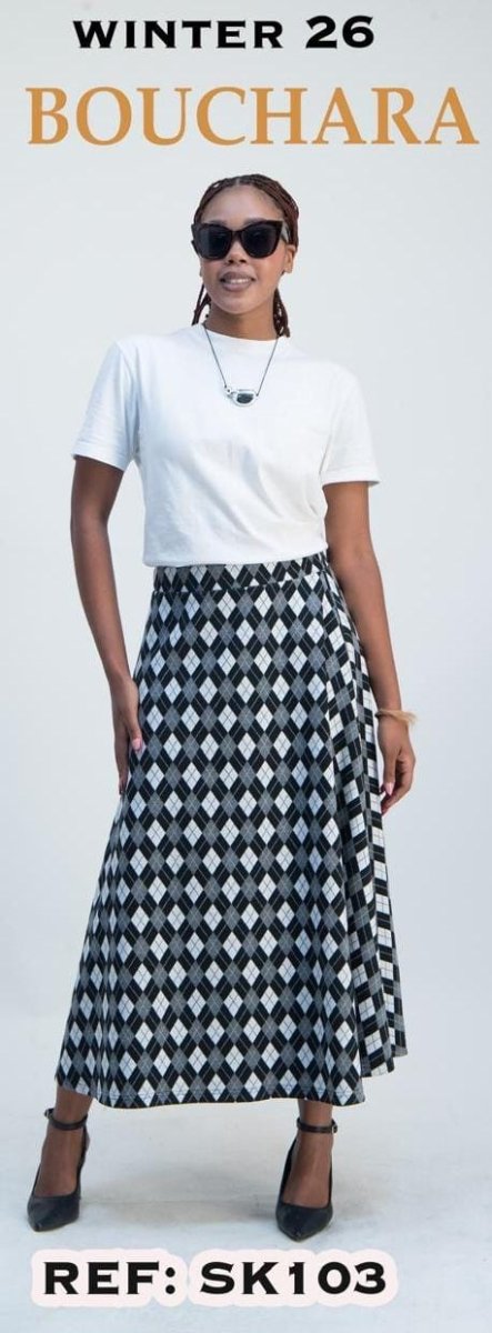 Bouchara SK103 Flair women's skirt in black and grey, 85cm length, with a stylish, flowy design.