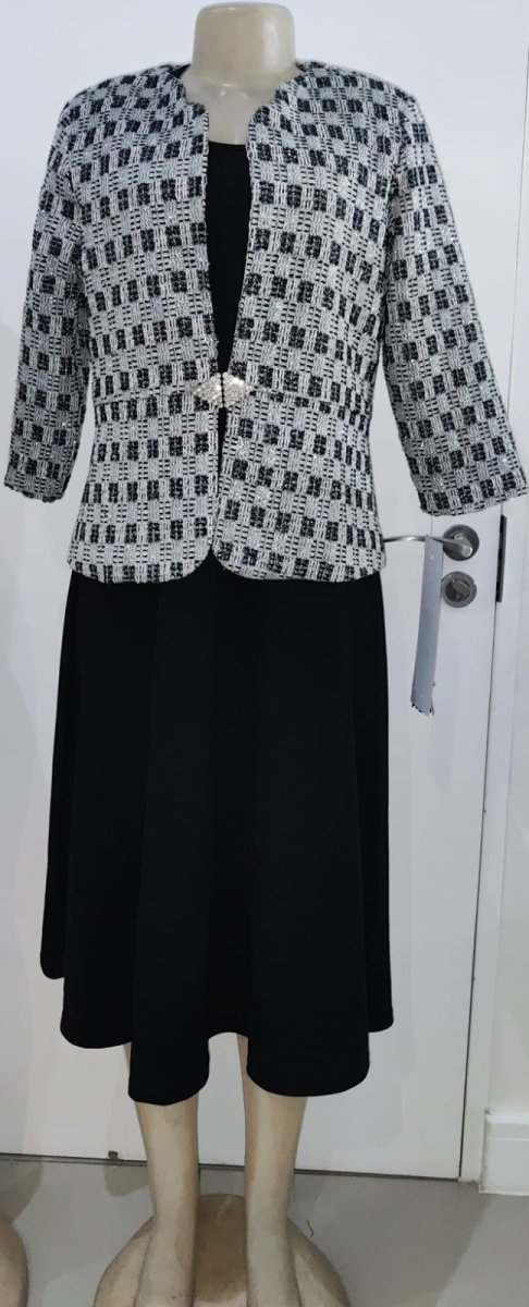 Bouchara women's sleeveless dress with 3/4 sleeve grey and black jacket, stylish formal dress and matching jacket set.