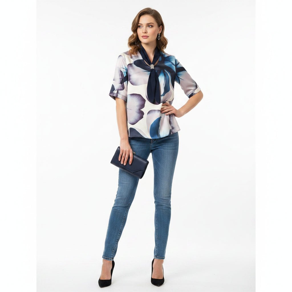 Bouchara Workwear Printed Blouse - Tie Detail - Blue (B50) - Shazem - WOMENS BLOUSES - BOUCHARA