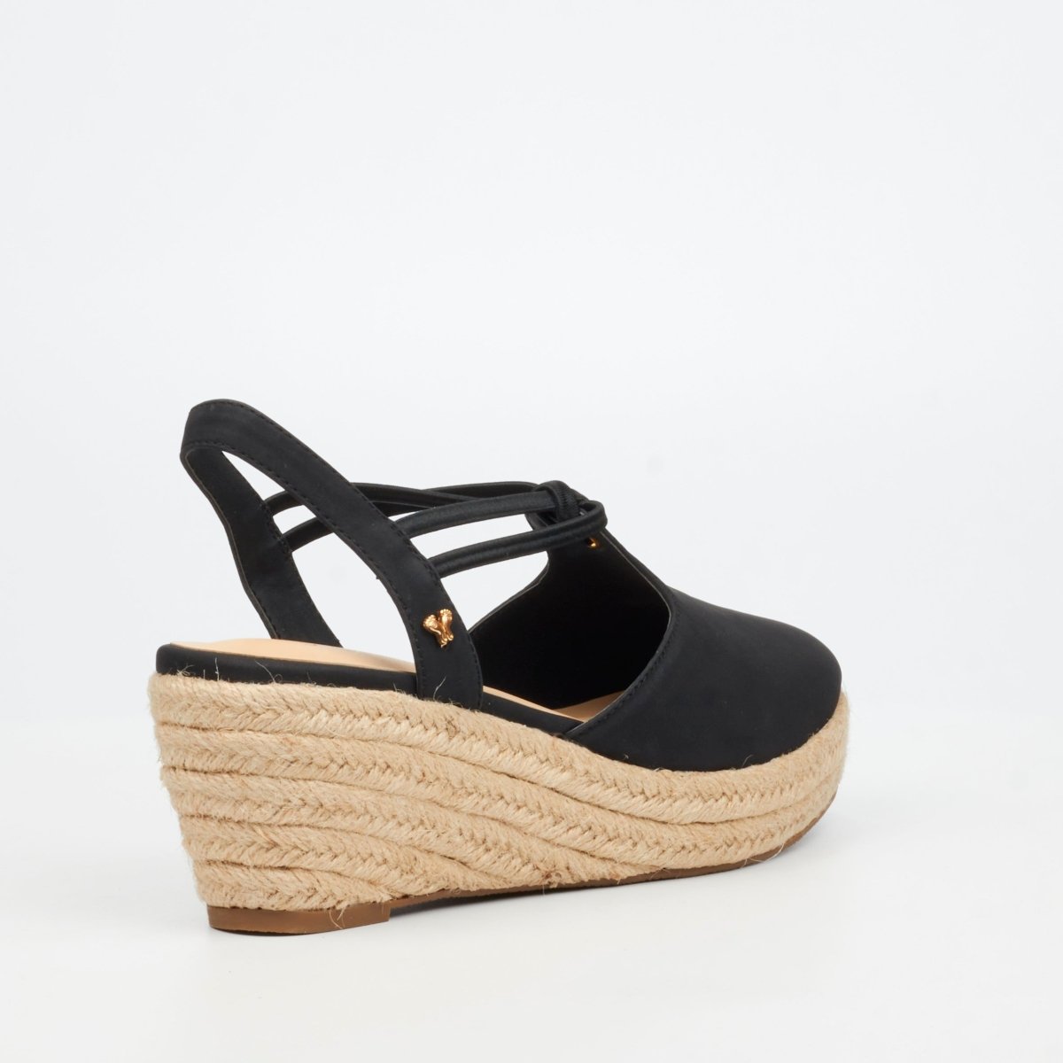 Black Butterfly Feet Lanah 3 Wedge women's sandals with open toe design and ankle strap on a neutral background.