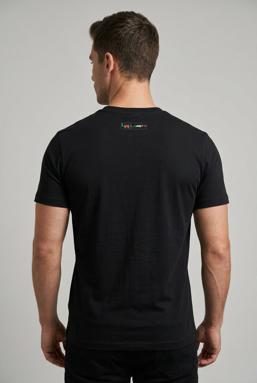 Black Loreti Lanza men's T-shirt with a classic fit and crew neckline, displayed flat on a white background.