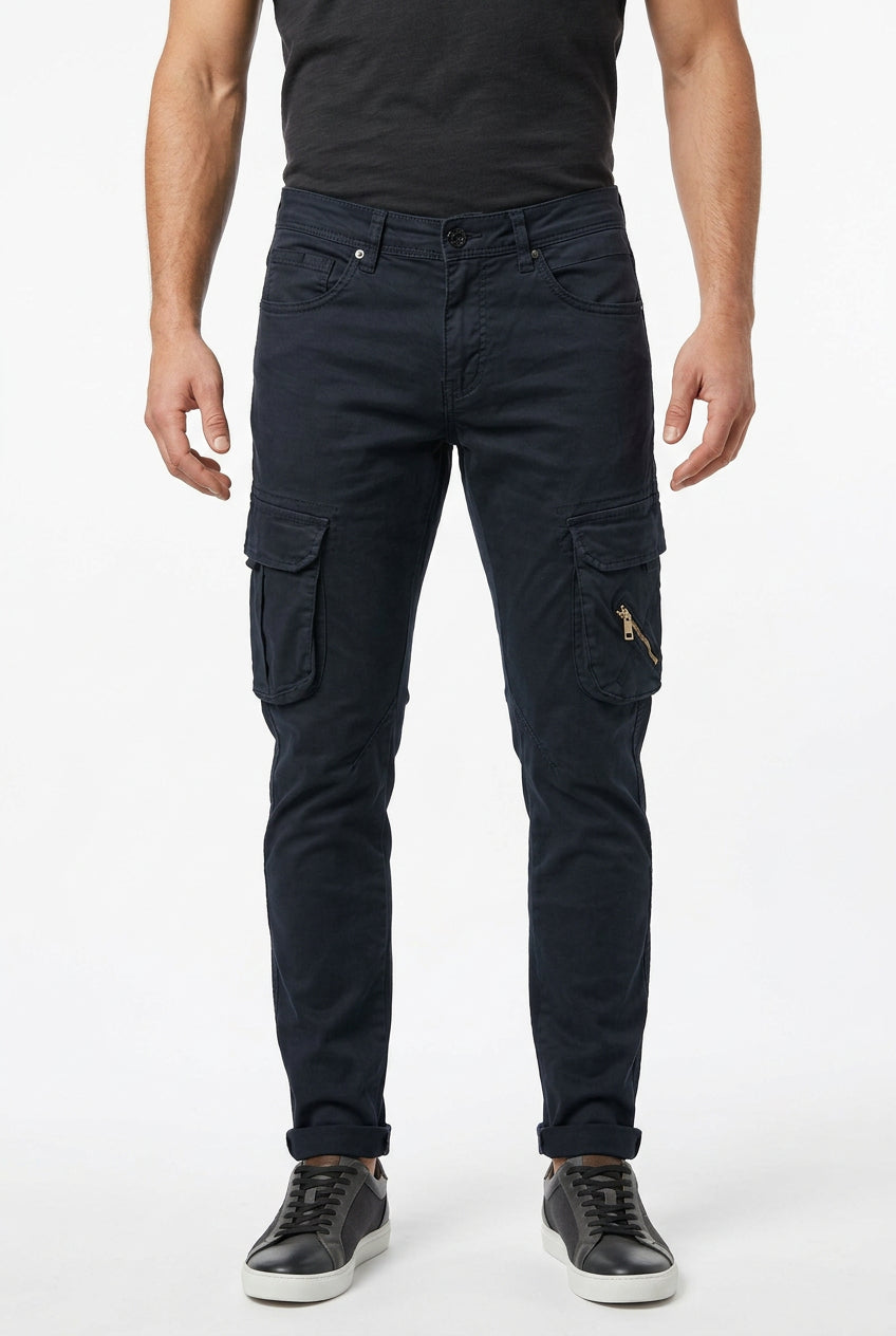 Mens navy Pure Premium Giuseppe jeans with classic fit and durable denim fabric, shown on a hanger.