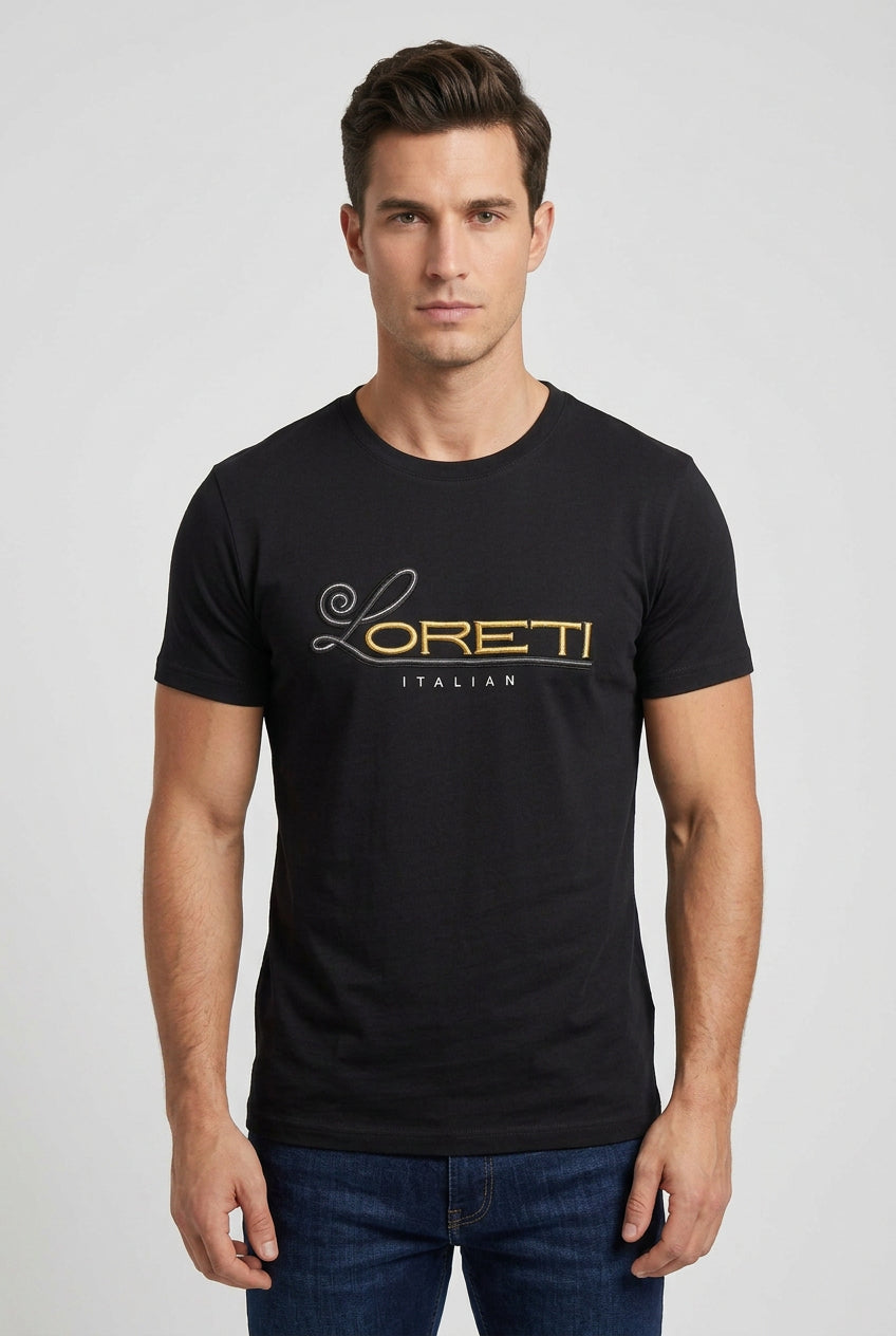 Black Loreti Fiori men's T-shirt featuring a floral design, made from soft fabric, casual fit, and stylish for everyday wear.