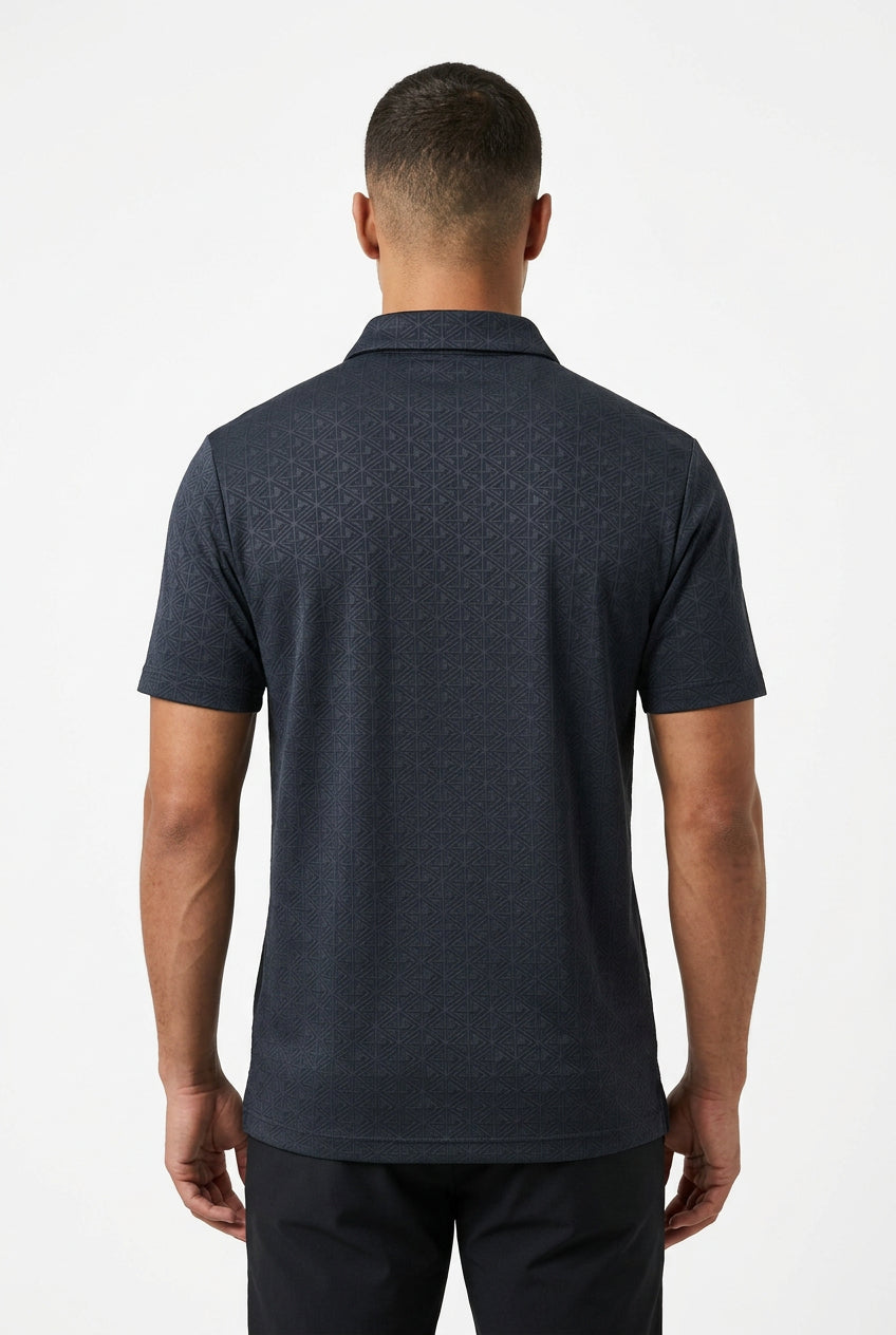 Loreti Modele Golfer Black men's golf shirt with a sleek black design and collar, perfect for stylish golf attire.