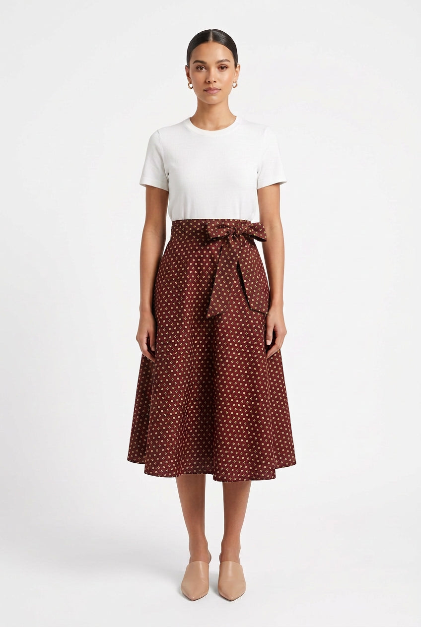 Blue and red-orange wrap-round skirt for women by AAZIES, featuring a stylish, flowy design perfect for casual or dressy occasions.
