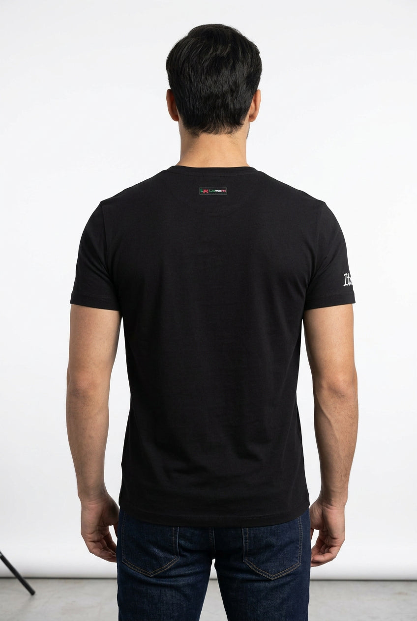 Black Loreti Tasso men's T-shirt with a simple crew neck and logo detail on the front, made from comfortable cotton fabric.