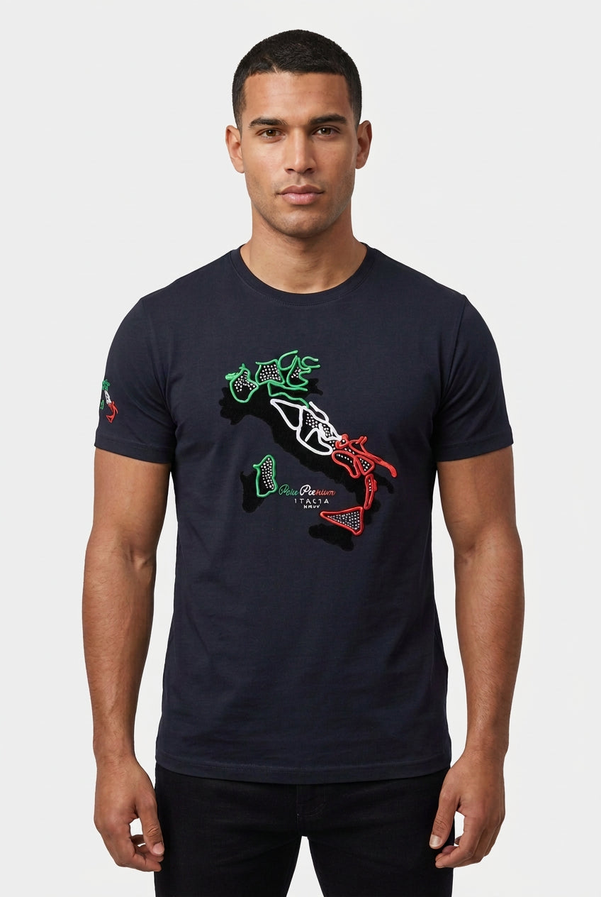 Black Pure Premium Davia men's T-shirt displayed flat, showing its simple design and comfortable fit.
