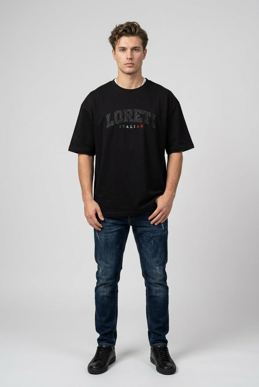 Black Loreti Lanza men's T-shirt featuring a casual fit and simple design, shown on a plain background.