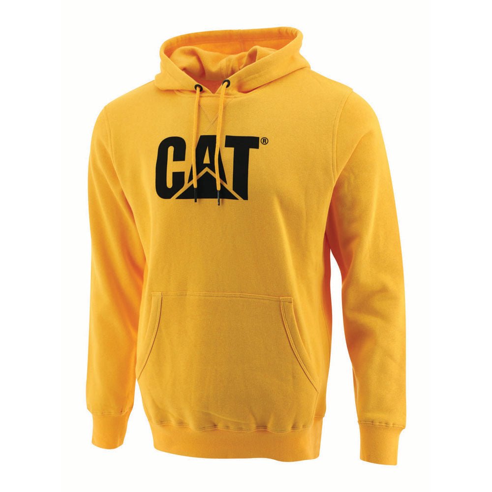 Men's yellow and white fleece hoodie with Caterpillar cat logo, featuring a comfortable pullover design by CAT.