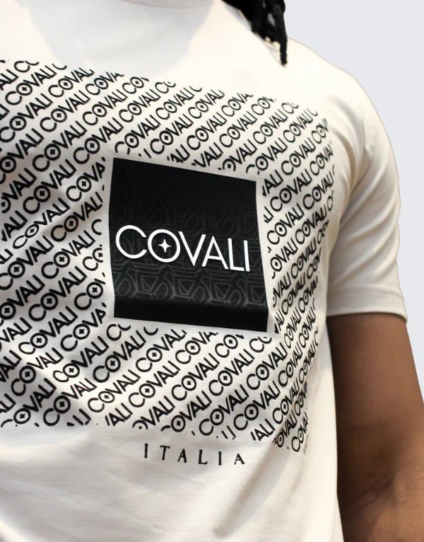 Beige Covali Boss Tee men's T-shirt with a relaxed fit, featuring the Covali logo on the front, displayed on a plain background.