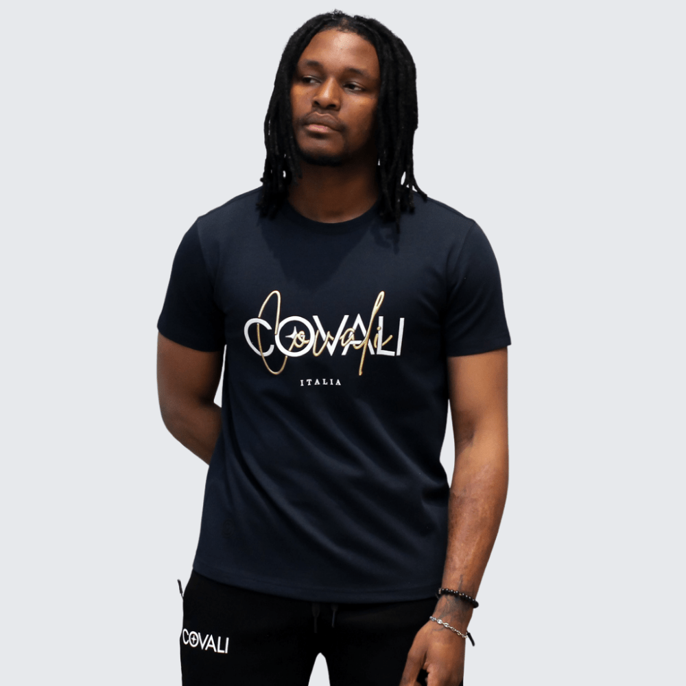 Navy Covali Formato men's T-shirt with crew neck and short sleeves, casual fit, made from soft fabric.