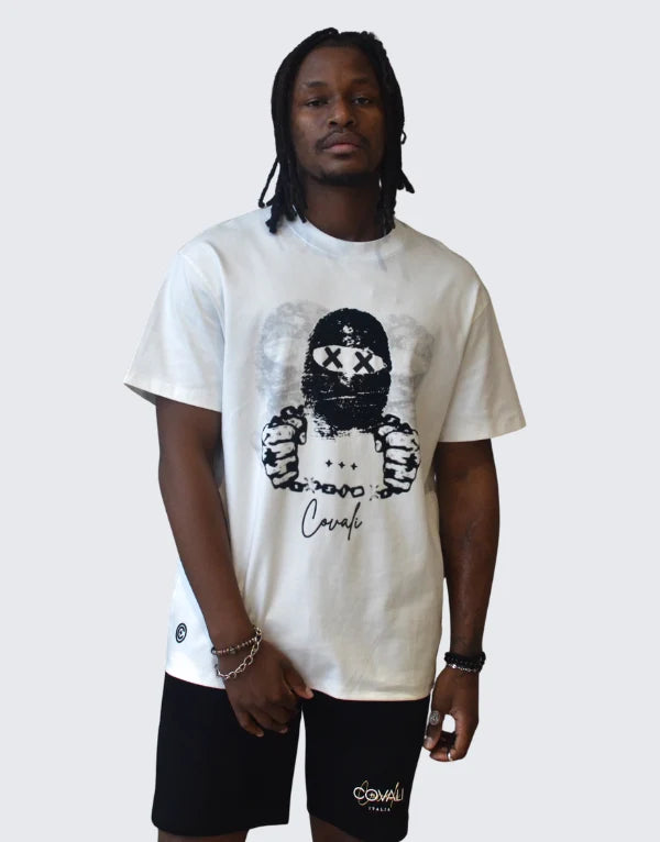 White Covali Sapere men's T-shirt with a minimalist design, displayed flat on a white background.