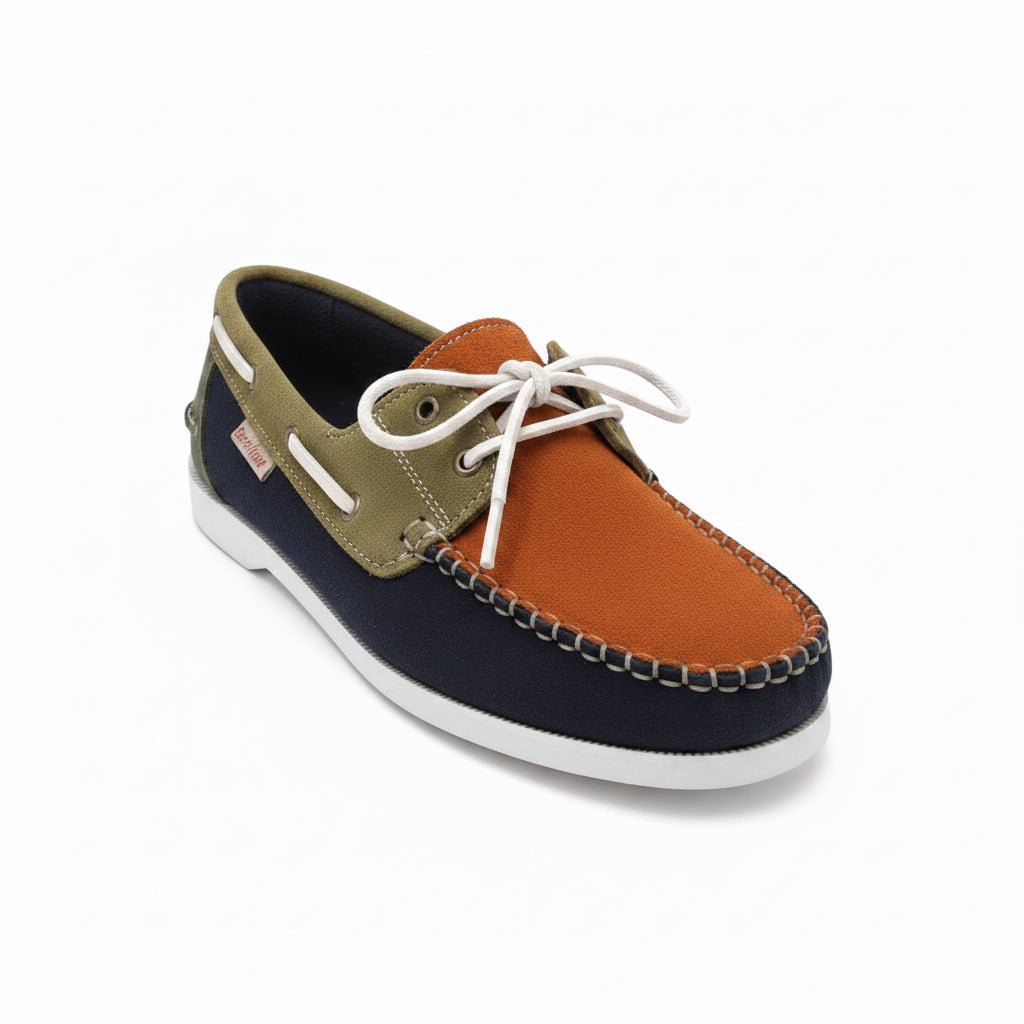Men's Deckrider Nubuck Boat Shoe in navy, rust, and olive colors showing the casual slip-on design and textured nubuck material.