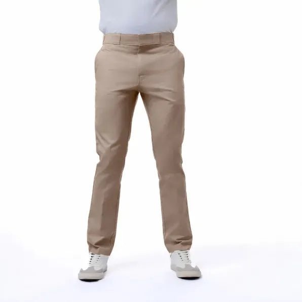 Men's Dickies 847 Khaki Trousers displayed with front and side views, showcasing durable workwear bottoms in classic khaki color.