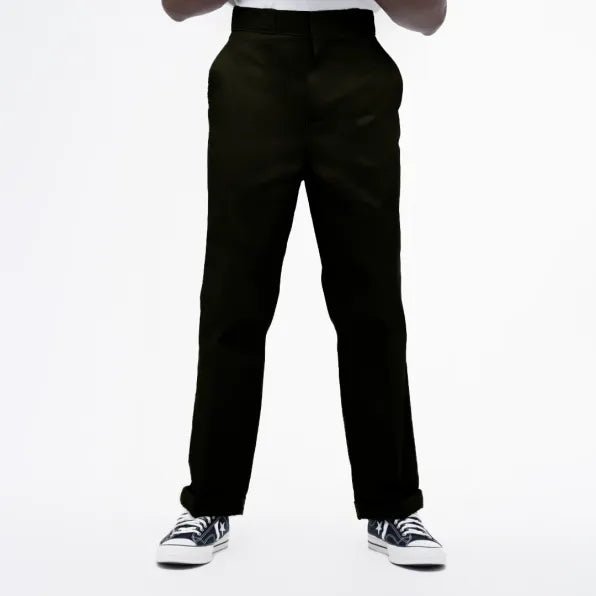 Olive Dickies 847 men's work trousers with straight-leg fit, featuring durable fabric and classic design, shown on a hanger.