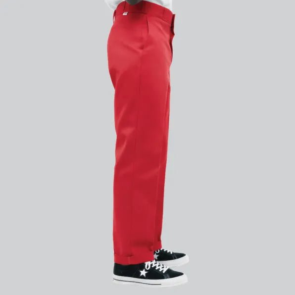 Men's Dickies 847 trousers in red, showcasing durable work pants with a relaxed fit and sturdy fabric.
