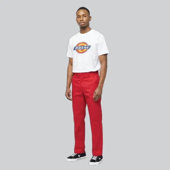 Men's Dickies 847 trousers in red, showcasing the durable workwear bottoms with a straight-leg fit and classic design.