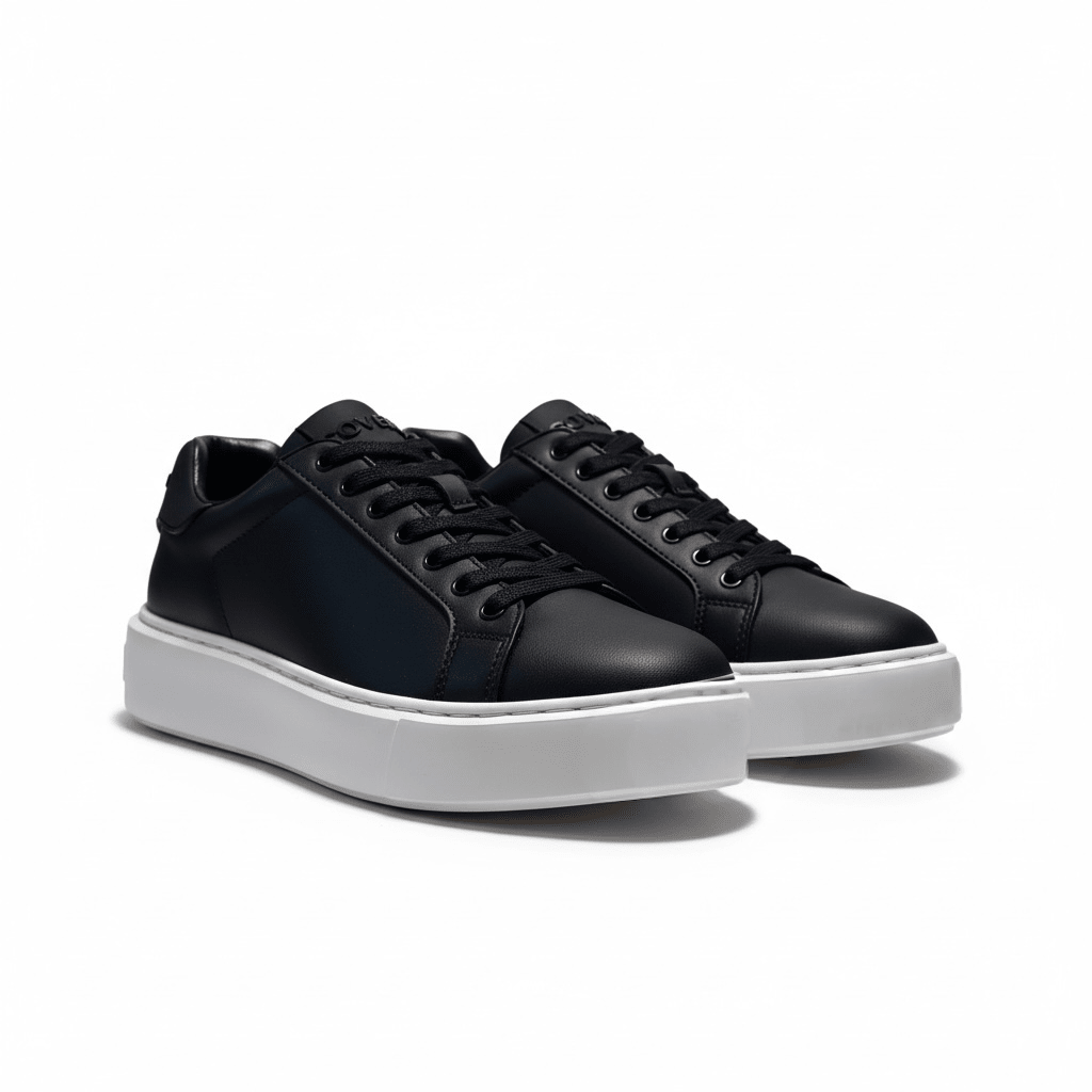 Enrico Coveri men's black leather cupsole sneaker with sleek design and casual style.