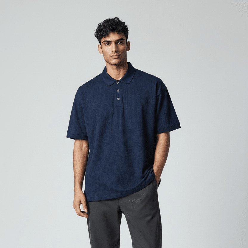 Enrico Coveri Roma men's golfer shirt in sapphire blue with subtle pattern, featuring a collared design and short sleeves.