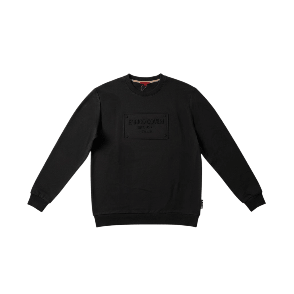 Black Enrico Coveri men's sweater with a classic fit, featuring a ribbed collar and cuffs, displayed on a neutral background.