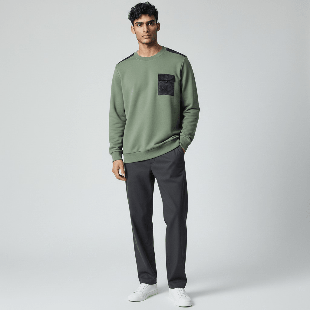 Green Enrico Coveri men's sweater with a classic crew neck and ribbed cuffs, featuring the brand's logo detail.