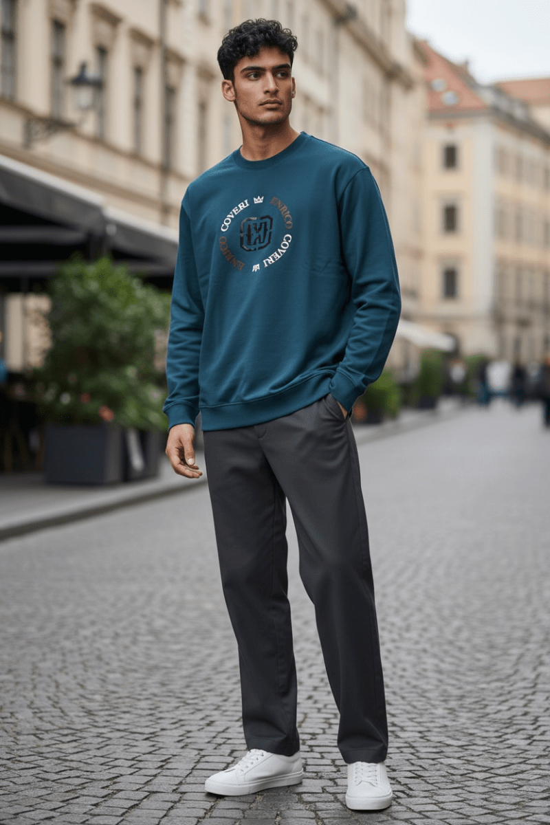 Enrico Coveri men's sweater in petrol blue, stylish knit design, comfortable fit, perfect for casual wear.