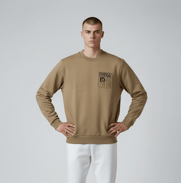 Enrico Coveri men's camel sweater size 46, soft knit fabric, with a classic crew neck and ribbed cuffs.