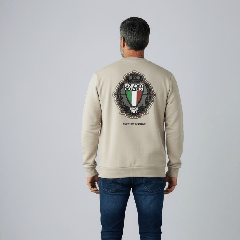 Khaki Enrico Coveri men's sweater with a classic knit design, featuring a crew neckline and long sleeves.