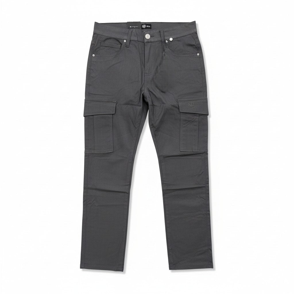 Men's dark charcoal cargo pants by KG, featuring multiple pockets and a relaxed fit, shown on a plain background.
