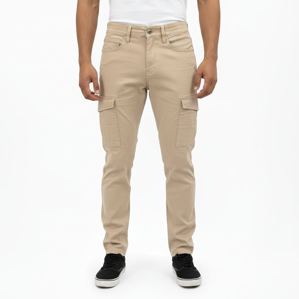 Men's KG Cargo Khaki pants showing relaxed fit and multiple pockets made of durable fabric.