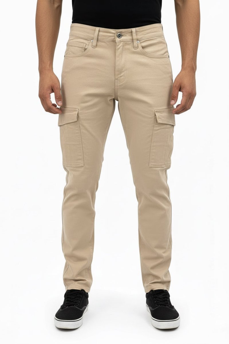Men's KG Cargo Khaki pants showing relaxed fit and multiple pockets made of durable fabric.