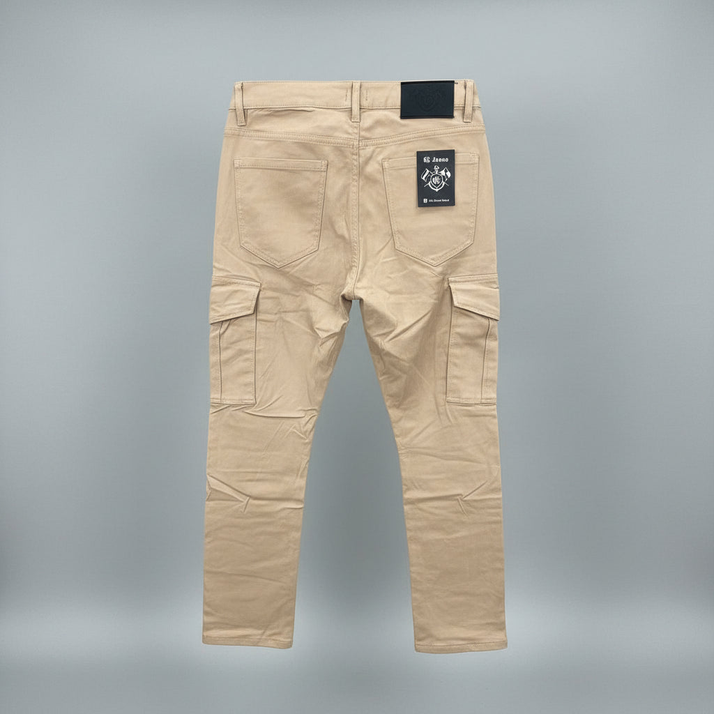 Men's KG Cargo Khaki pants with multiple pockets and relaxed fit, made from durable cotton fabric.