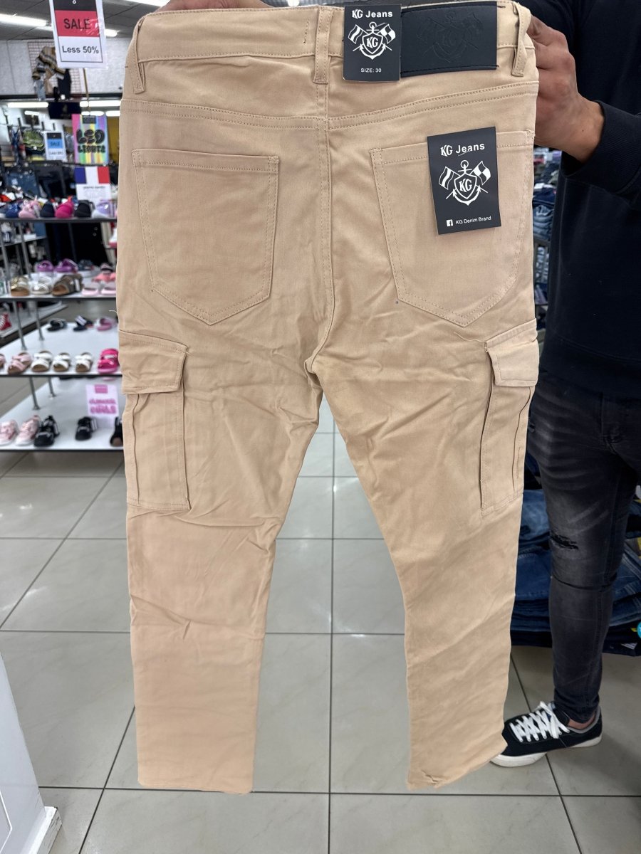 Men's KG Cargo Khaki pants with multiple pockets and relaxed fit, made from durable cotton fabric.
