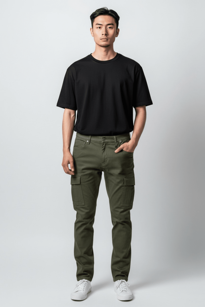 Men’s KG Cargo Olive bottoms featuring multiple pockets and relaxed fit, made from durable fabric for casual wear.