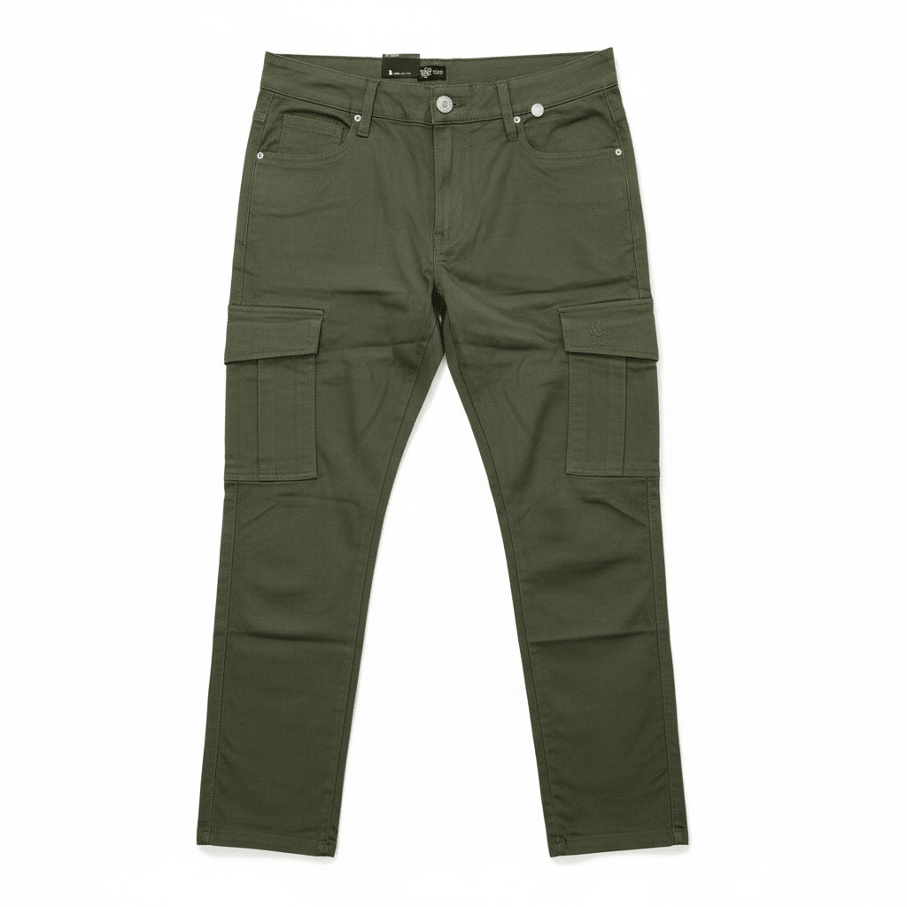 Men's olive cargo pants by KG, featuring multiple pockets and relaxed fit, designed for casual and outdoor wear.