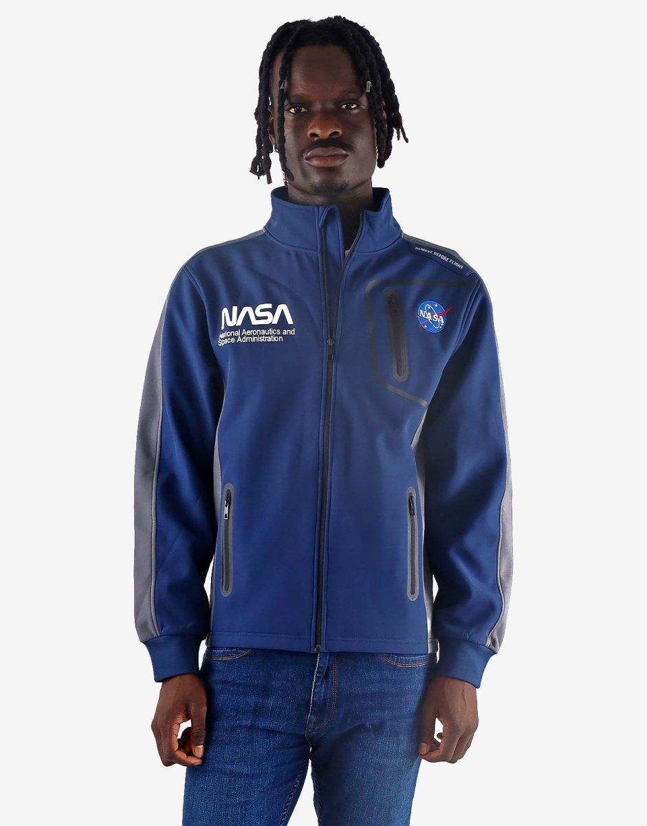 Men's navy Klevas Hubble jacket with a modern fit, featuring a zip front and stylish design, perfect for casual wear.