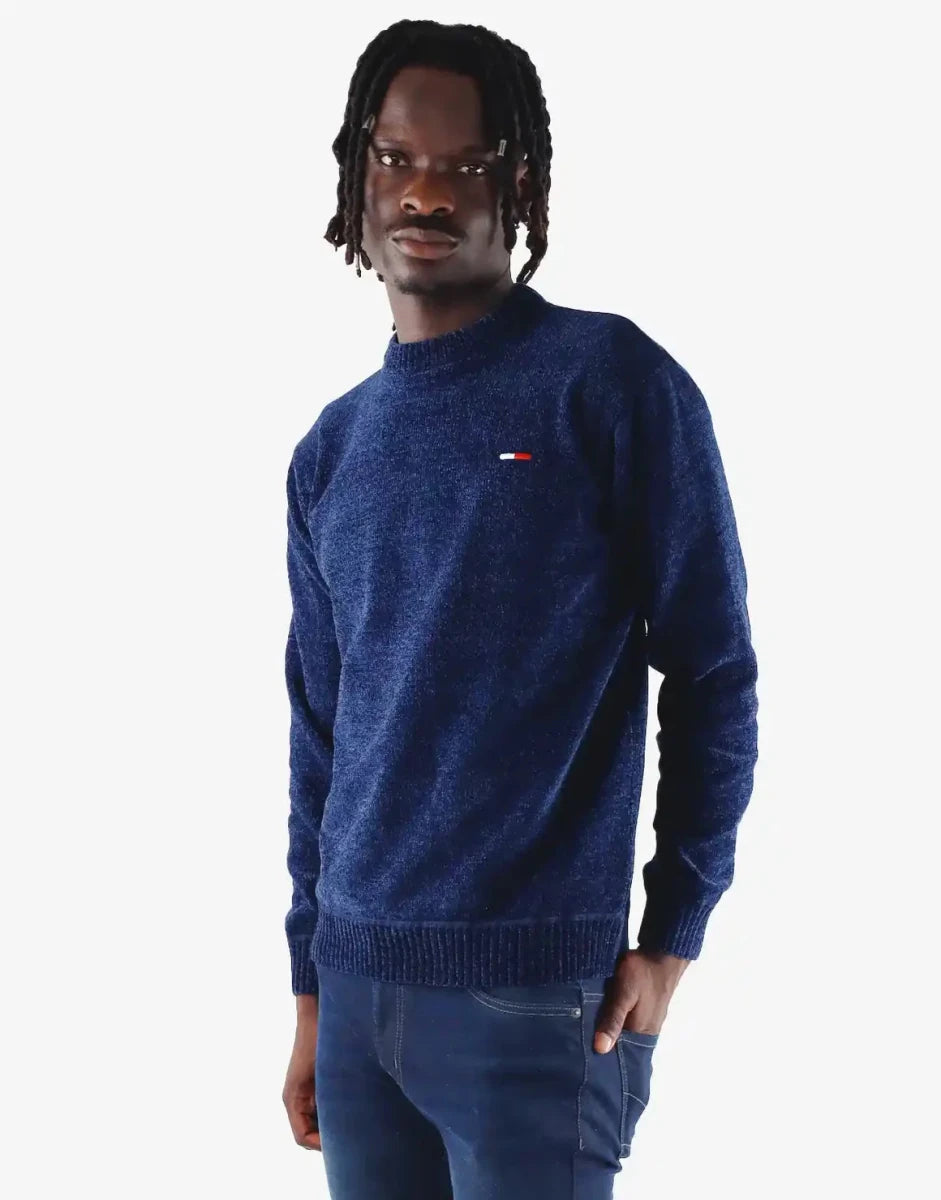 Navy men's knitwear sweater by Klevas Doc Kntwear, featuring a cozy knitted texture and a classic fit.