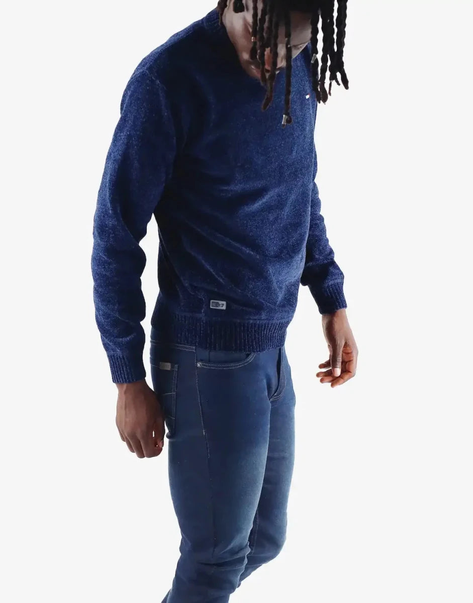 Navy men's knitwear sweater by Klevas Doc Kntwear, featuring a cozy, ribbed knit pattern and a classic fit.