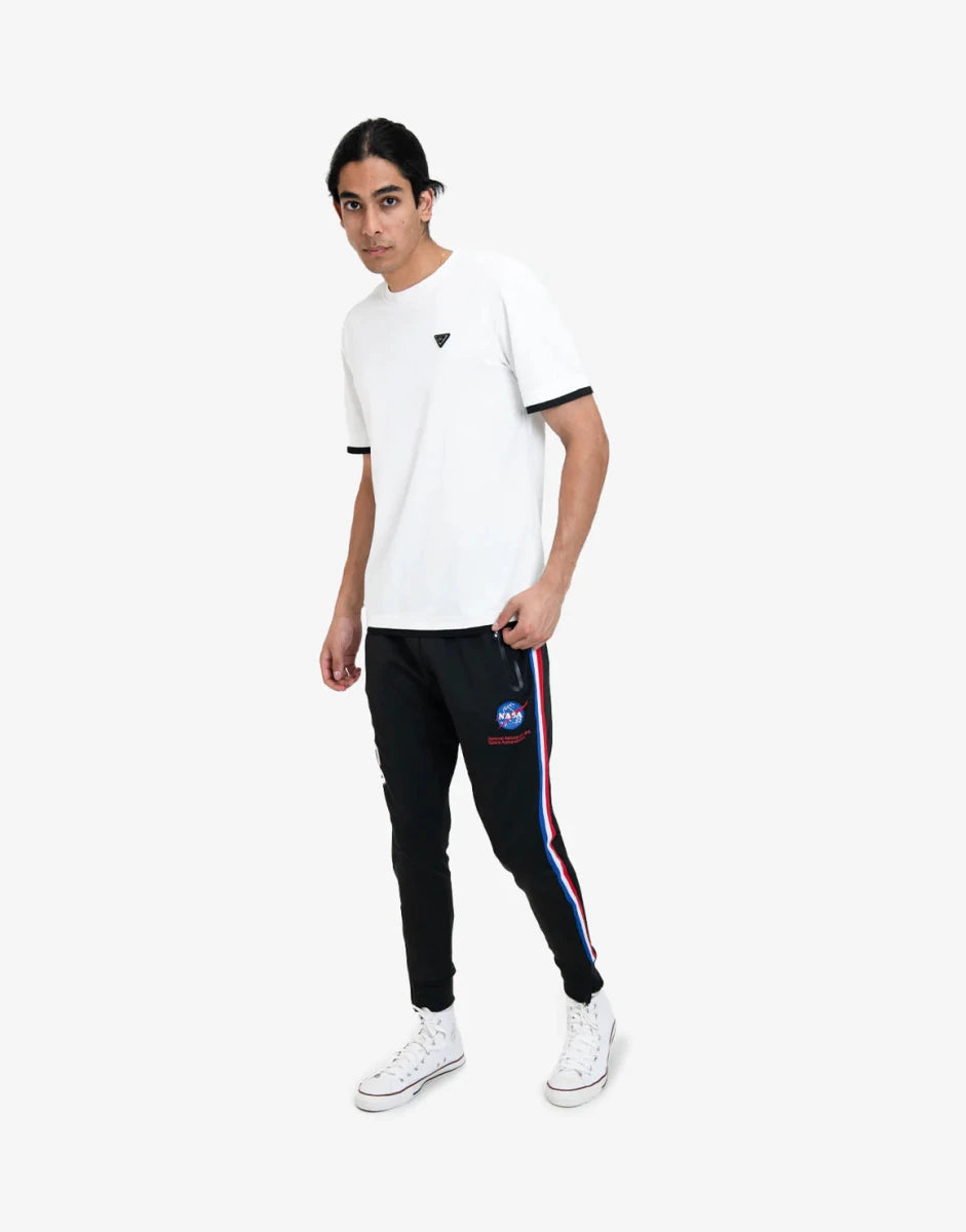 Black Klevas Ross NASA men's track pants with comfortable fit and sleek design, featuring NASA-themed branding.