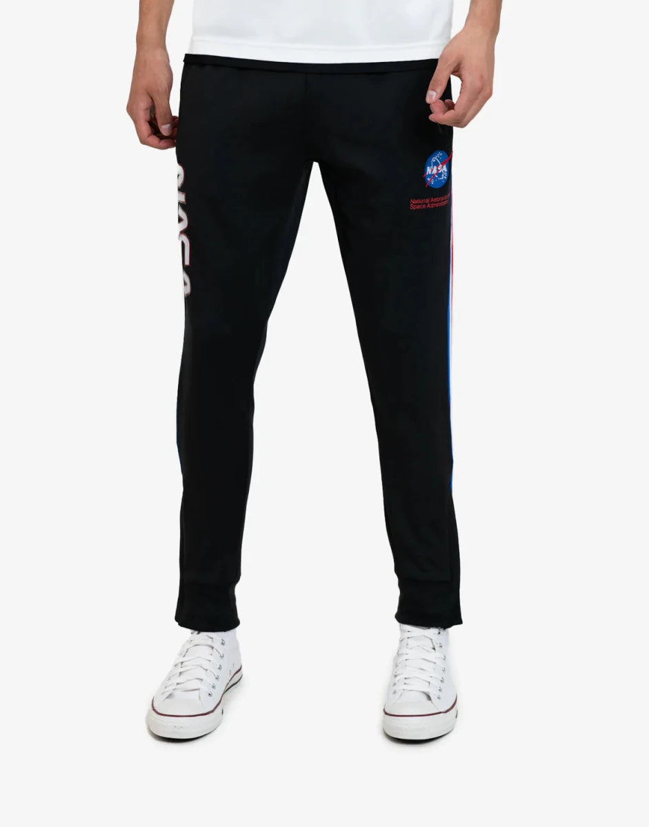 Klevas Ross NASA men's black track pants with logo details and elastic waistband, comfortable athletic wear.