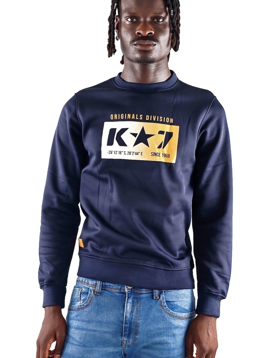 Navy Klevas Tyler men's pullover sweater with a crew neckline, displayed on a plain background.