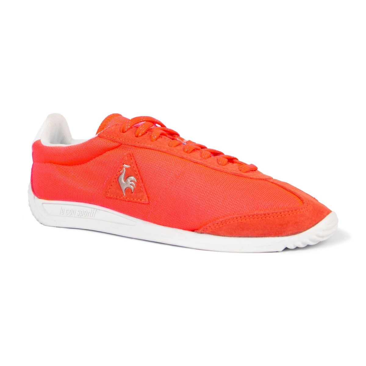 Women's Le Coq Sportif Quartz Fiery Coral Old Silver sneakers with vibrant coral and silver accents, showcasing stylish athletic footwear.