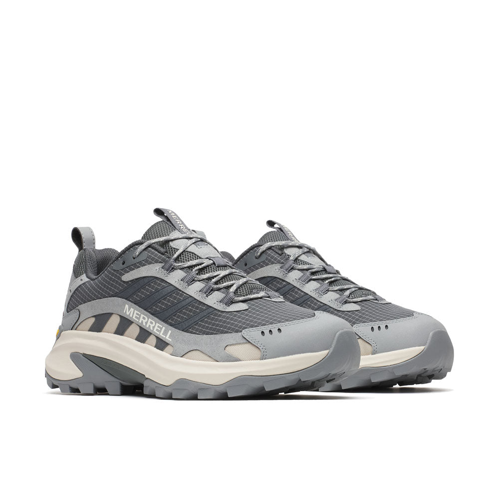 Men's Merrell Moab Speed 2 Sport Alloy sneakers with breathable mesh and durable rubber outsole for trail and outdoor activities.